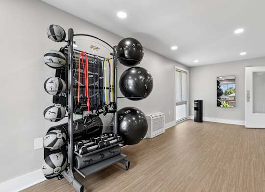 A home gym with a variety of exercise equipment.