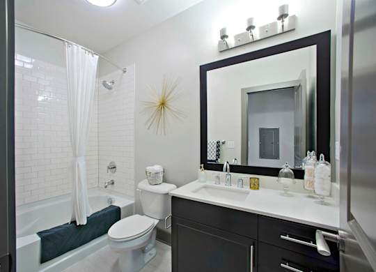 a bathroom with a white toilet next to a bathtub with a shower curtain at The Addison,Louisiana