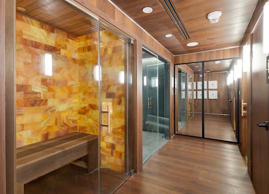 Sauna and steam room with wood paneling at The Hamilton Apartments, Miami, Florida
