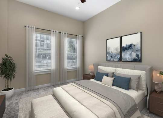 a bedroom with a bed and two windows at Villaggio Apartments, Bossier City, 71111