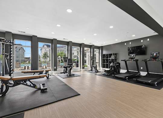 A gym with treadmills, elliptical machines, and a rowing machine.
