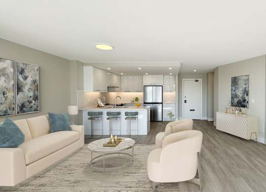 a living room with a couch and a table