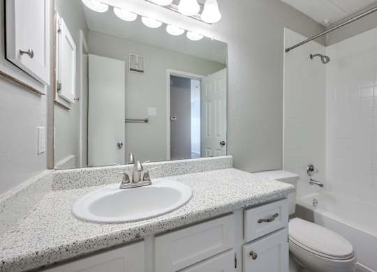 a bathroom with a sink and a toilet and a mirror at Foxborough Apartments, Irving, TX, Texas, 75061