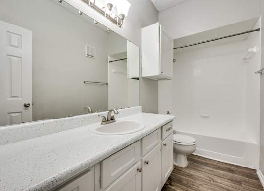 a bathroom with a sink and a toilet and a shower at Foxborough Apartments, Irving, TX, Texas, 75061