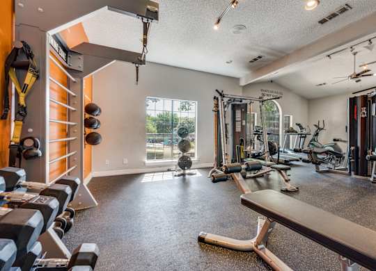 the gym has plenty of weights and cardio equipment and a large window at Foxborough Apartments, Irving, TX, Texas, 75061