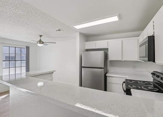 A kitchen with a refrigerator, stove, and microwave.