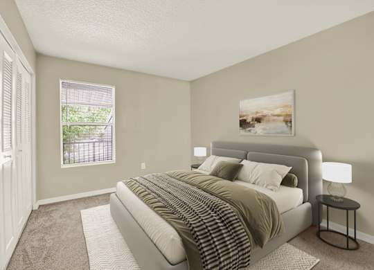 A bedroom with a large bed and a painting on the wall.