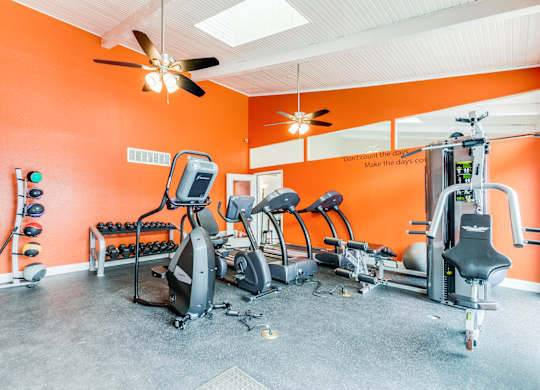 the gym has plenty of exercise equipment for your workouts at Falls on Clearwood Apartments, Richardson, TX, Texas