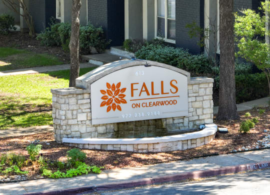 Entrance Sign at Falls on Clearwood Apartments, Richardson, TX, Texas