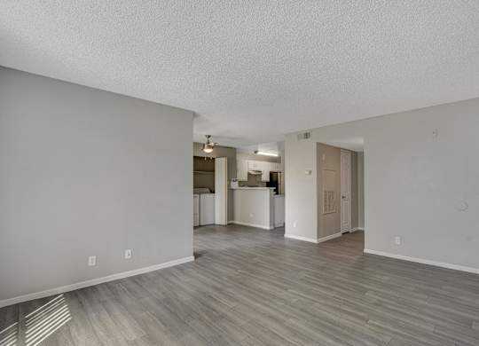 A room with a kitchen in the background and a hallway leading to a bathroom.