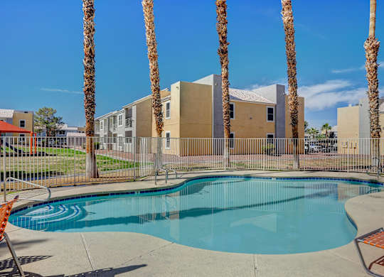 A pool surrounded by palm trees and a fence.