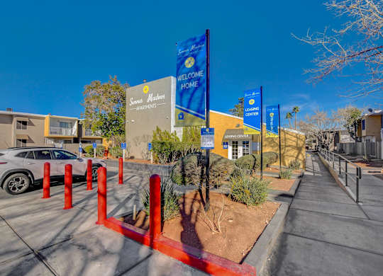 A parking lot with a sign that says