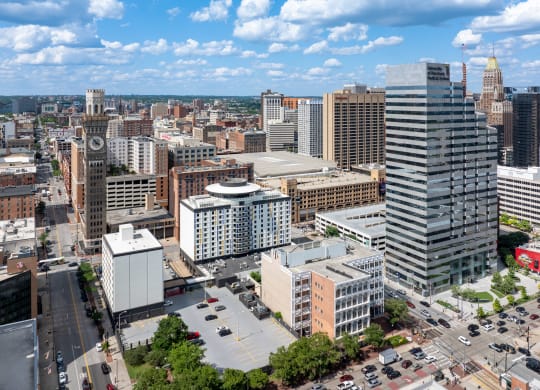 a view of the city from a skyscraper at Vision on Lombard, Baltimore, MD 21201
