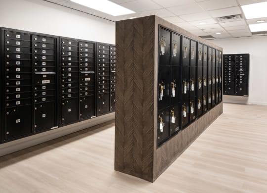 a row of lockers in a room with wood flooring and a white wall at Vision on Lombard, Baltimore, MD 21201