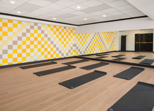 a yoga room with yellow and white checkered walls and yoga mats at Vision on Lombard, Baltimore, MD 21201