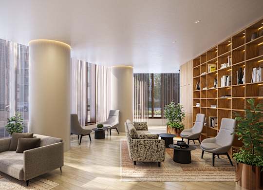 A modern living room with a large window and a wooden bookshelf.