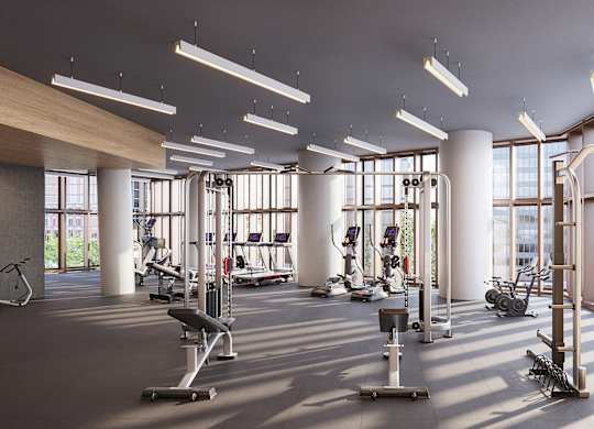 A gym with a variety of equipment including treadmills, weights, and exercise machines.