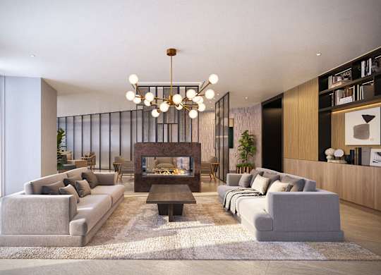 A modern living room with a fireplace and grey couches.