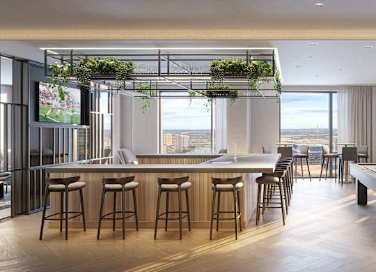 A modern bar with a pool table and a view of the city.