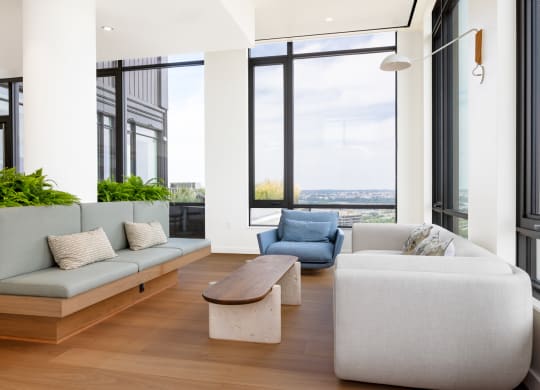 a living room with couches and a coffee table and windows at The Grace and Reva, Virginia