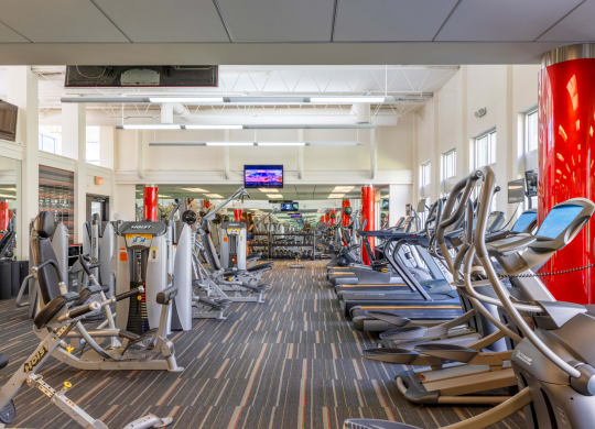 a gym with cardio equipment and weights on the floor