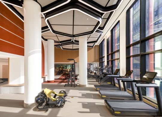 a gym with rows of treadmills and large windows at The Grace and Reva, Arlington