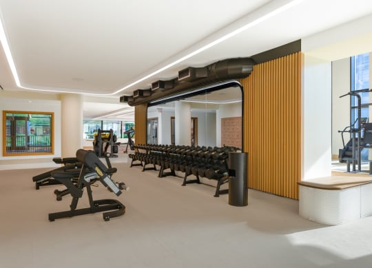 a gym with a row of weights machines and a wooden wall at The Grace and Reva, Arlington, Virginia
