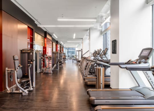 a row of cardio equipment in a gym with cardio machines