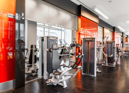 a gym with weights and cardio equipment in a building