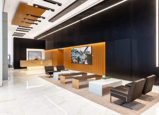 the lobby of the office is shown in this rendering