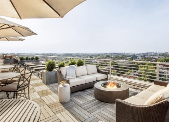 Take advantage of the glowing rooftop firepits at any time of year.