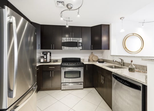 a kitchen with stainless steel appliances and black cabinets  at 220 Twentieth Street, Virginia