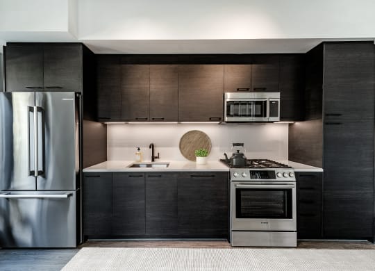 a kitchen with black cabinets and stainless steel appliances at The Grace and Reva, Arlington, VA, 22202