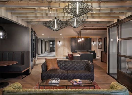 a room with a couch and a coffee table