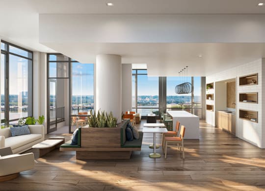 a rendering of a living room with a view of the city at The Grace and Reva, Arlington, Virginia