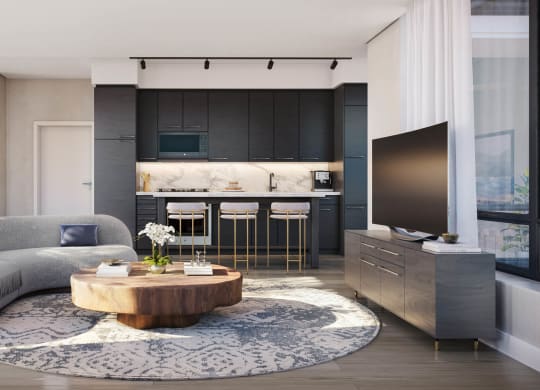 a rendering of a living room and kitchen in a condominium at The Grace and Reva, Arlington, VA, 22202