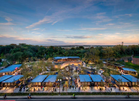 an aerial view of a restaurant with blue roofs at The Grace and Reva, Arlington, Virginia