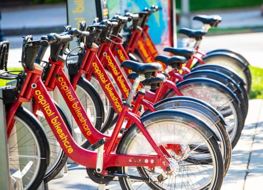 a row of red bikes parked next to each other at The Grace and Reva, Arlington, 22202