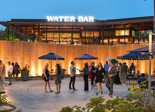 a group of people standing outside of a water bar at night at The Grace and Reva, Arlington, 22202