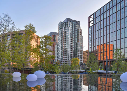 a reflecting pool in the middle of a city with tall buildings at The Grace and Reva, Virginia