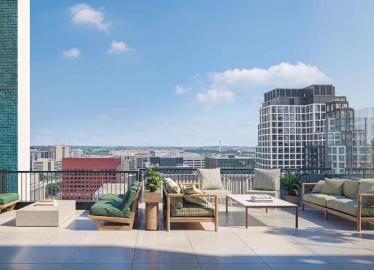 a rendering of a rooftop terrace with furniture and a view of the city