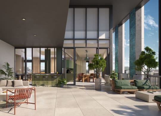 a rendering of the lobby of an apartment building with couches and chairs