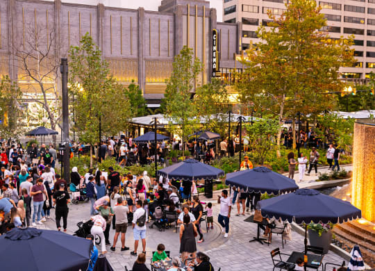 a crowd of people in a park with umbrellas