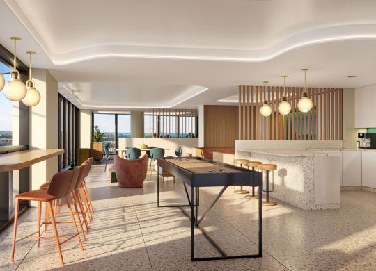 a rendering of a living room with a bar and tables at The Grace and Reva, Arlington, 22202