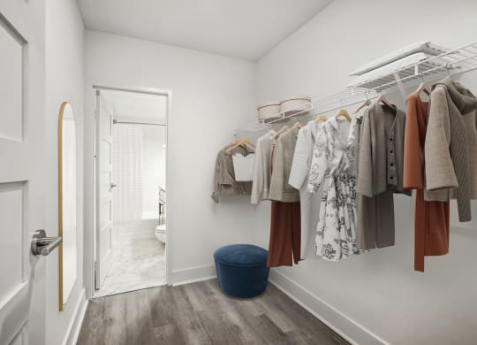 a walk in closet with a door to the bathroom and a closet rack with clothes