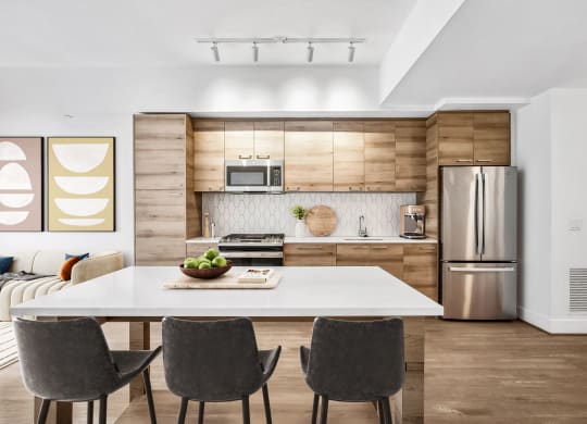 a kitchen with stainless steel appliances and a table with chairs at The Grace and Reva, Arlington, VA, 22202