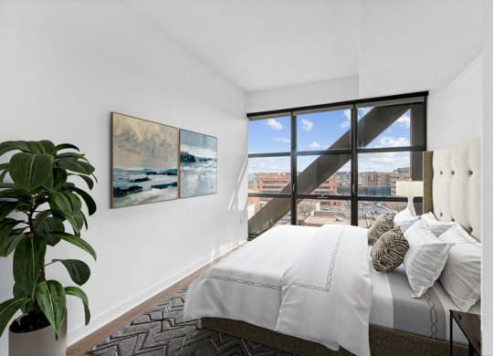 a bedroom with a large bed and a window