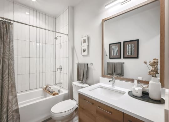 a bathroom with a shower toilet and sink and a mirror at The Grace and Reva, Arlington, VA, 22202