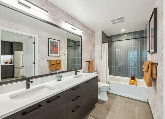 a bathroom with a large mirror and a sink and a toilet at The Grace and Reva, Arlington, VA, 22202