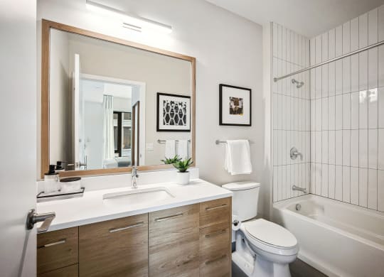 a bathroom with a large mirror and a toilet and a tub at The Grace and Reva, Arlington, Virginia